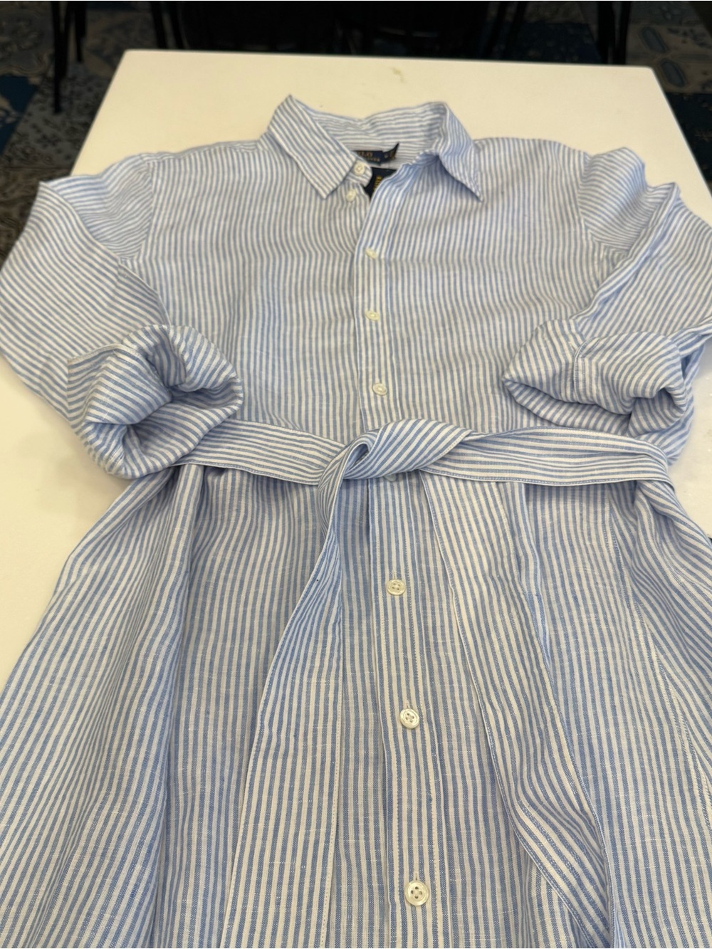 Polo Ralph Lauren Blue/white Linen Shirt Dress Fit /Flare Long Sleeves Sz 14 NWT - Picture 9 of 13